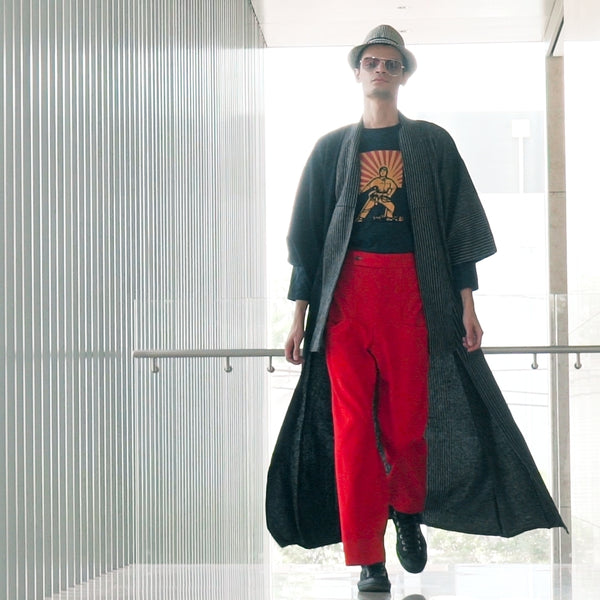 Black and Gray Half Striped Wool Kimono